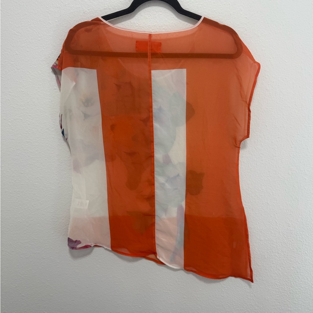 Clover Canyon Orange Floral Sheer Asymmetrical Blouse Size Medium - Picture 4 of 4